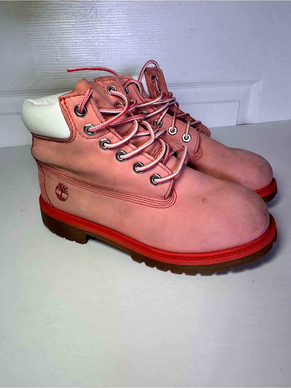 Timberland Pink Nubuck Boots with Red Trim and White Collar